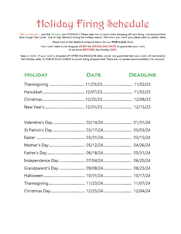 Holiday Firing Deadlines - PDX
